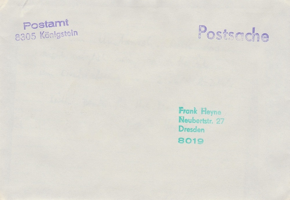 Rückumschlag vom PA Königstein mit Stempel <b>Postsache</b>